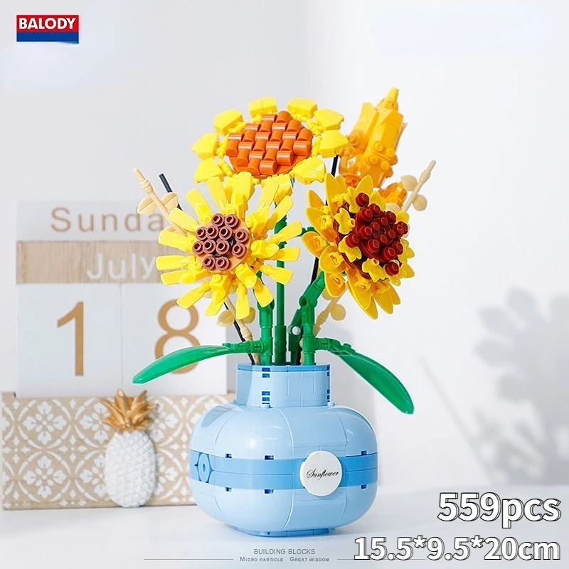 New year Decoration Perfume Flower Bouquet Bricks Building Blocks Sunflowers Adult Assembled Flower Pots New Year Room 3