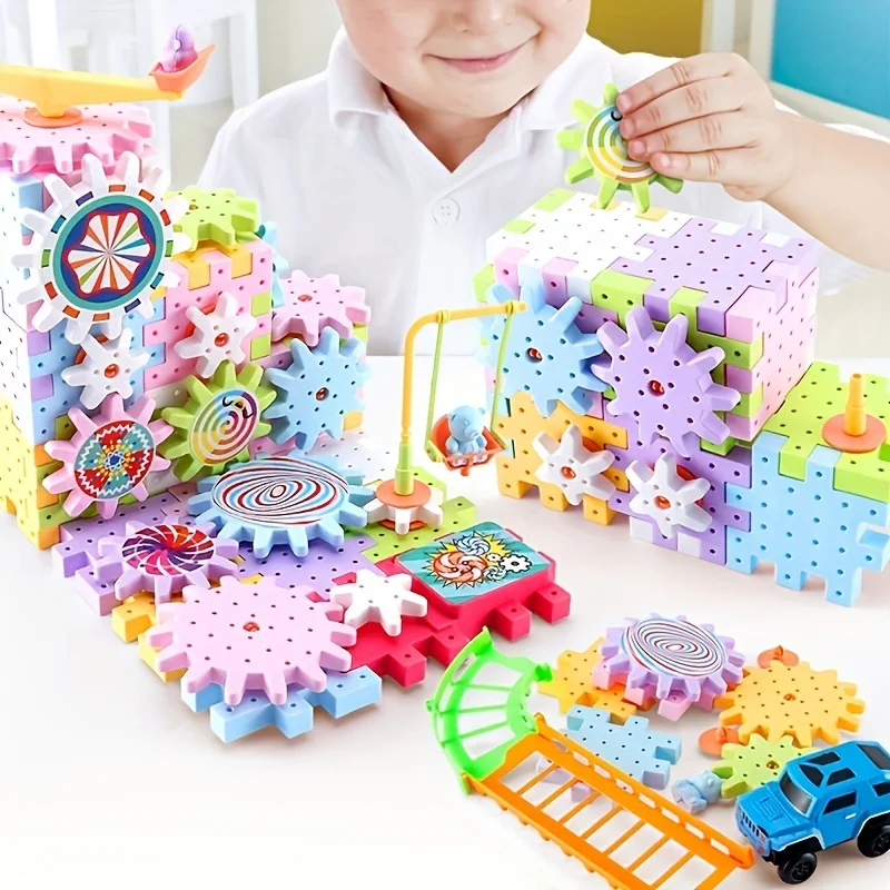 Montessori Kids Electric Gear Building Toy Set Spinning Gears Set Gear Rail Car Big Building STEM Construction Christmas Toy 3