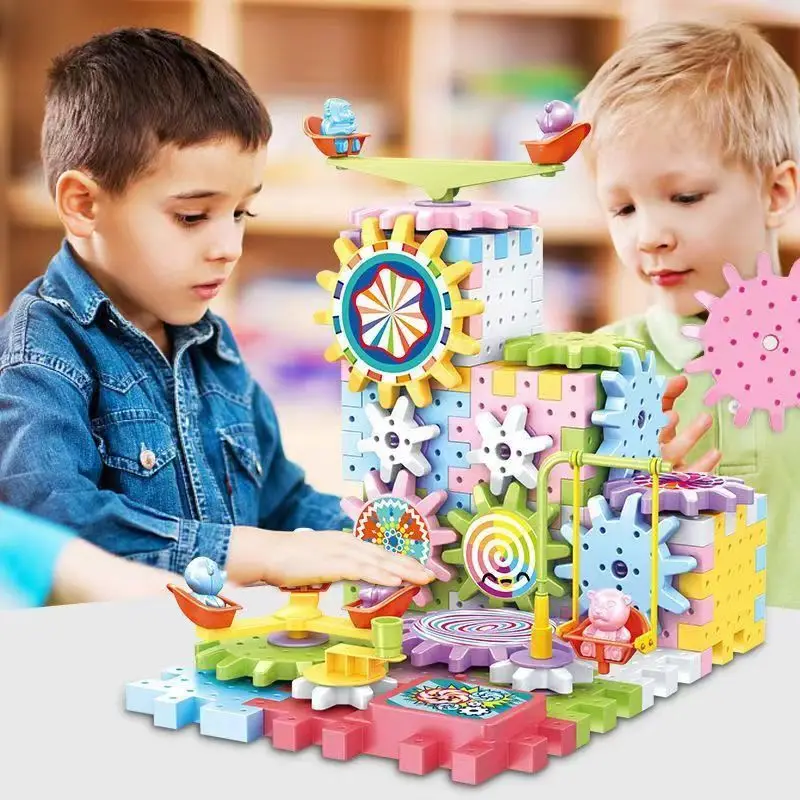 Montessori Kids Electric Gear Building Toy Set Spinning Gears Set Gear Rail Car Big Building STEM Construction Christmas Toy 4