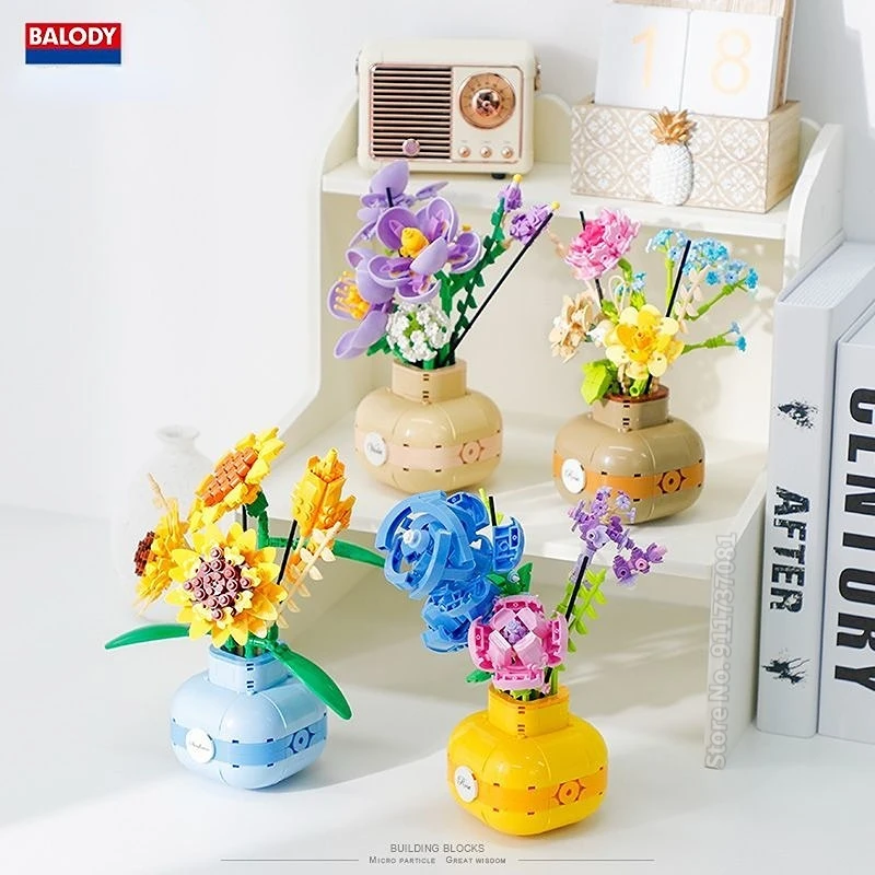 New year Decoration Perfume Flower Bouquet Bricks Building Blocks Sunflowers Adult Assembled Flower Pots New Year Room 4