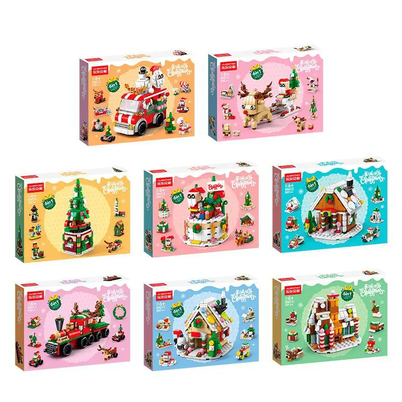 6 in 1 Christmas Gift for Kids Series Building Blocks Set with Light Creative Train Village House DIY Bricks Toys Xmas Gift 5