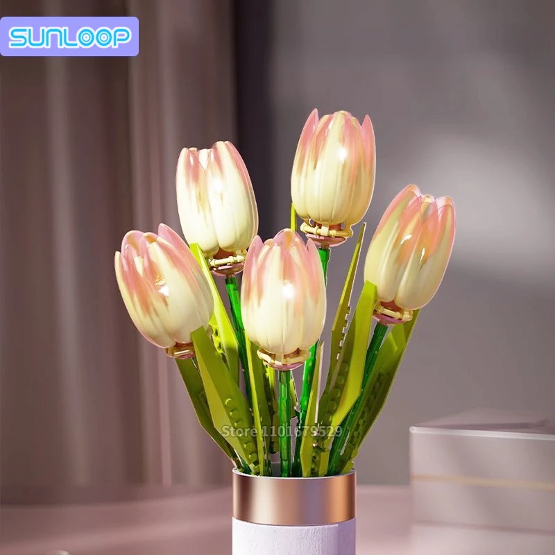 Tulip Flower Building Block Decoration Lighted Tulips Bouquet Eternal Flowers Assembly Valentine's Gift for Girls Friends 2025 5