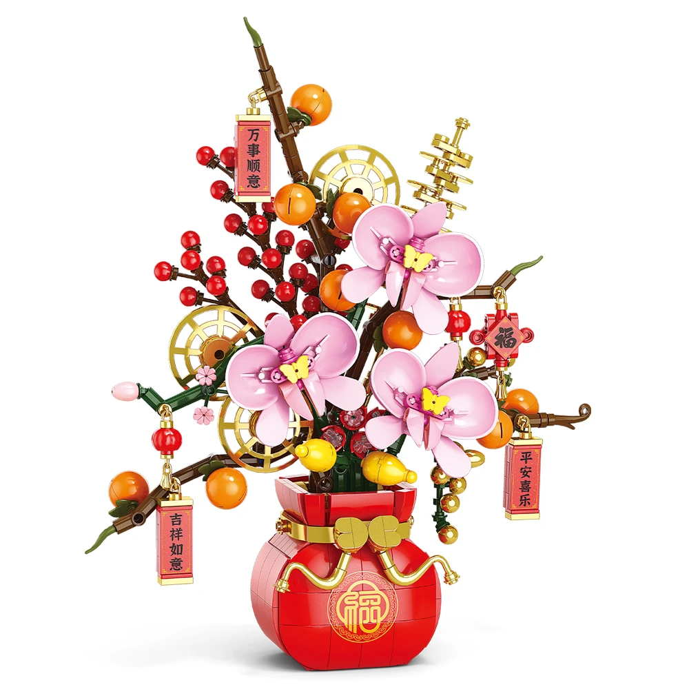 City Creativity Flower Bouquet Peach Blossom Narcissus Bonsai Potted Plant Building Blocks Model New year Home Decoration 2025 5