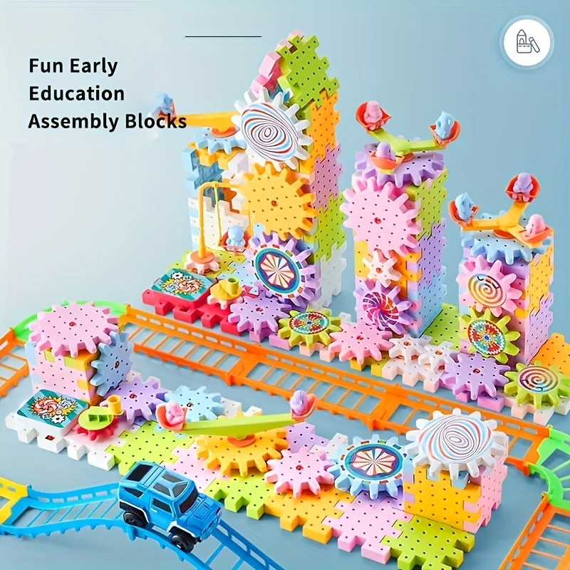 Montessori Kids Electric Gear Building Toy Set Spinning Gears Set Gear Rail Car Big Building STEM Construction Christmas Toy 5