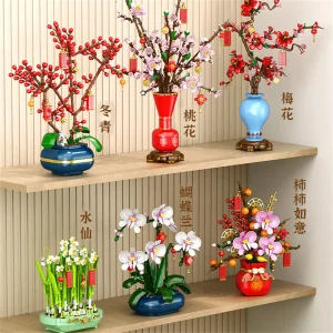 City Creativity Flower Bouquet Peach Blossom Narcissus Bonsai Potted Plant Building Blocks Model New year Home Decoration 2025 1