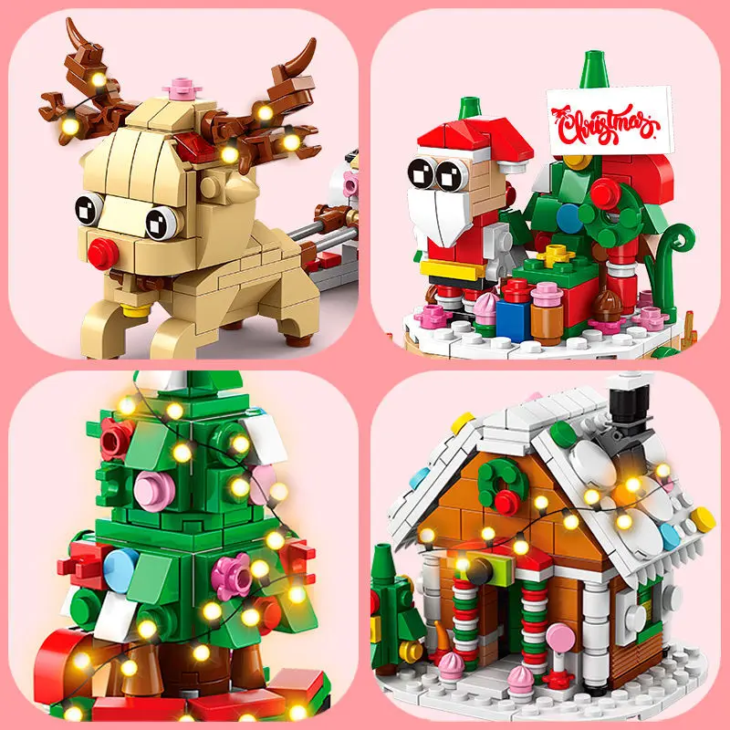 6 in 1 Christmas Gift for Kids Series Building Blocks Set with Light Creative Train Village House DIY Bricks Toys Xmas Gift 3