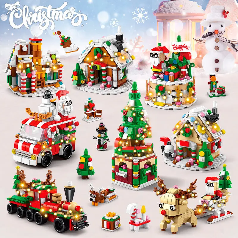 6 in 1 Christmas Gift for Kids Series Building Blocks Set with Light Creative Train Village House DIY Bricks Toys Xmas Gift 2