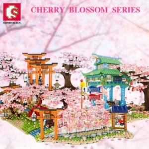 SEMBO BLOCK Sakura Street View Blocks City Cherry Blossom Japanese Sakura Tree Diy House Mini Model Building Children Toys 1