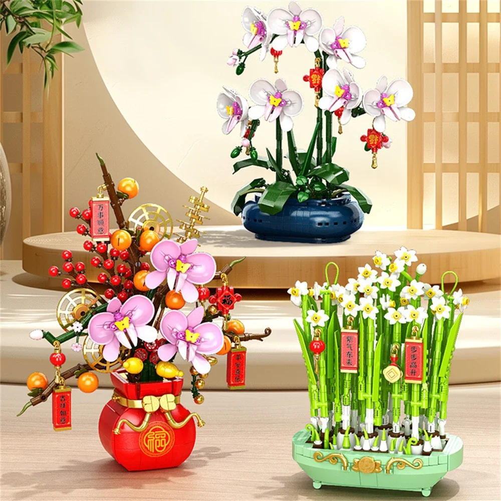 City Creativity Flower Bouquet Peach Blossom Narcissus Bonsai Potted Plant Building Blocks Model New year Home Decoration 2025 3