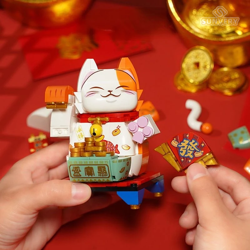 New Year Fortune Cat Building Blocks 2025 Chinese Lucky Cat New Year Mini Bricks Assembly Store Ornaments Children's Toys Gifts 5