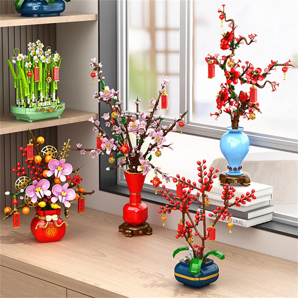 City Creativity Flower Bouquet Peach Blossom Narcissus Bonsai Potted Plant Building Blocks Model New year Home Decoration 2025 2